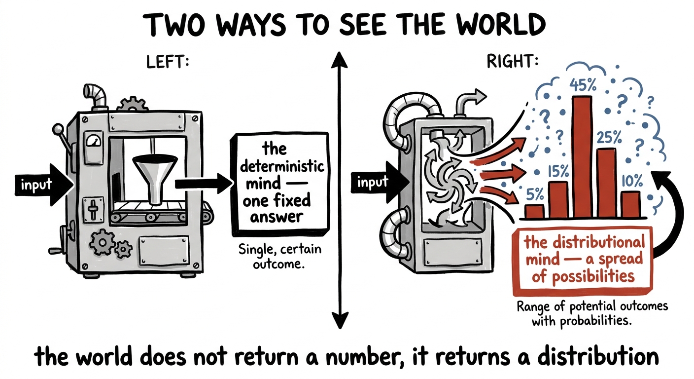 A deterministic machine returning one fixed answer beside a distributional machine returning a spread of possibilities