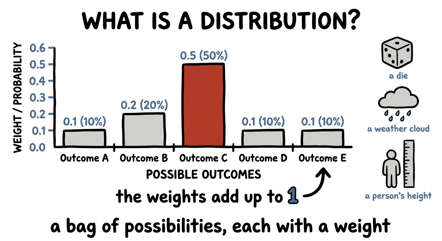 A bar chart of possible outcomes each with a probability weight that sums to one