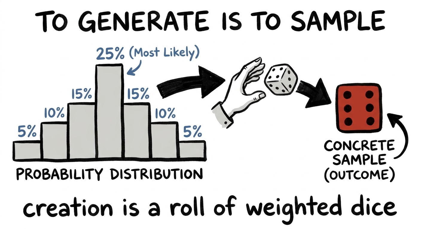 A hand rolling a weighted die out of a bar chart, producing one concrete sample