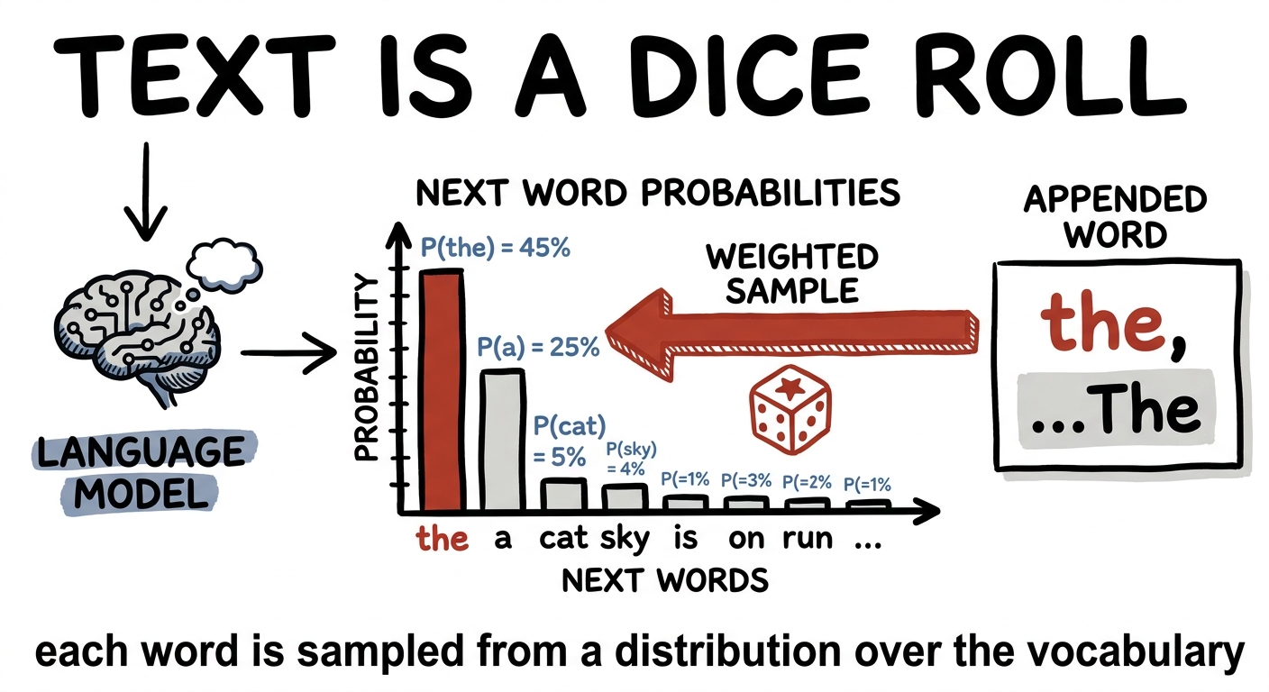 A language model producing a distribution over next words and sampling one to grow a sentence