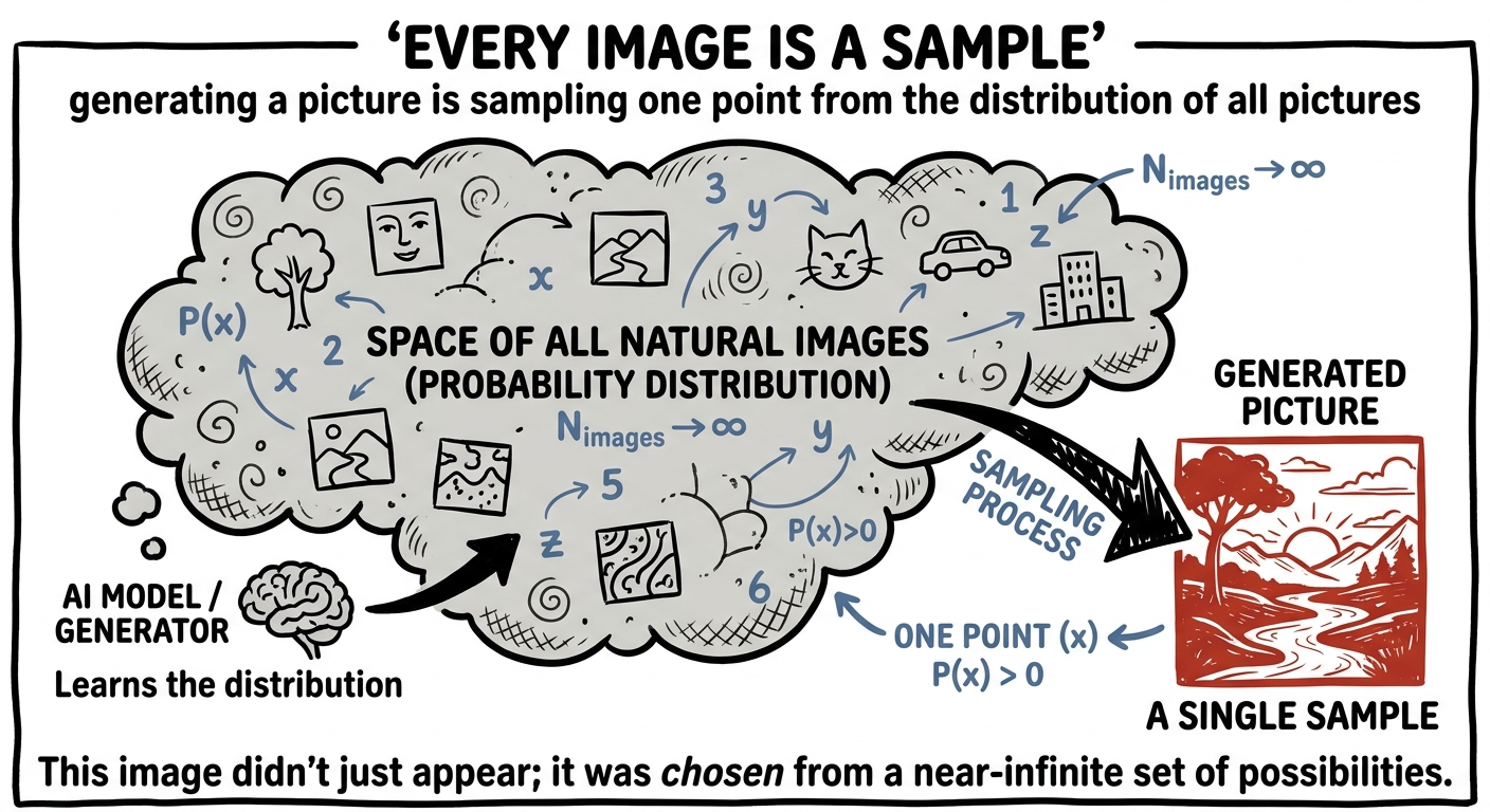 A single image being drawn as one sample out of the vast space of all possible images