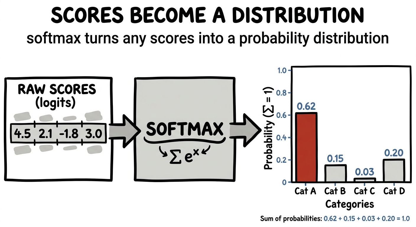 A pipeline turning raw logits into a normalized probability distribution via softmax