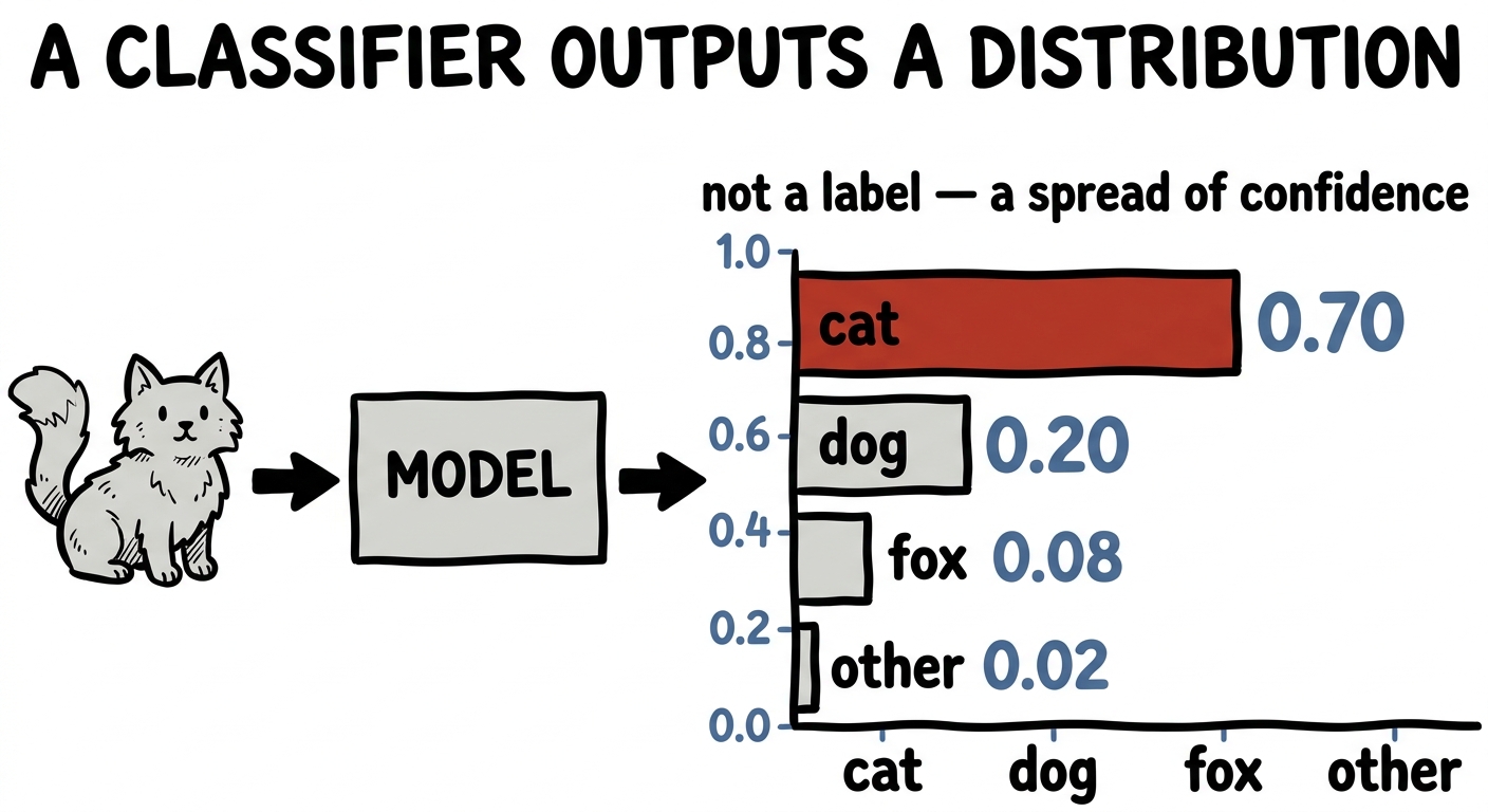 A classifier outputting a probability distribution over classes rather than a single label
