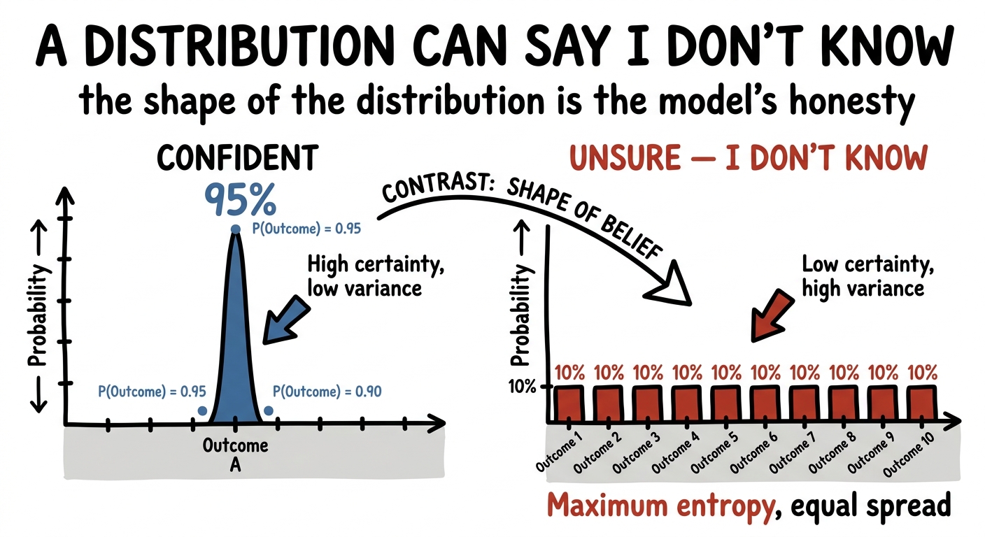 A confident spiked distribution beside a flat unsure distribution that says I don't know