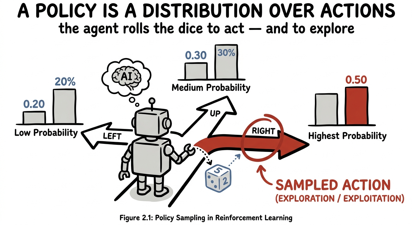 A reinforcement learning agent holding a distribution over actions and sampling one