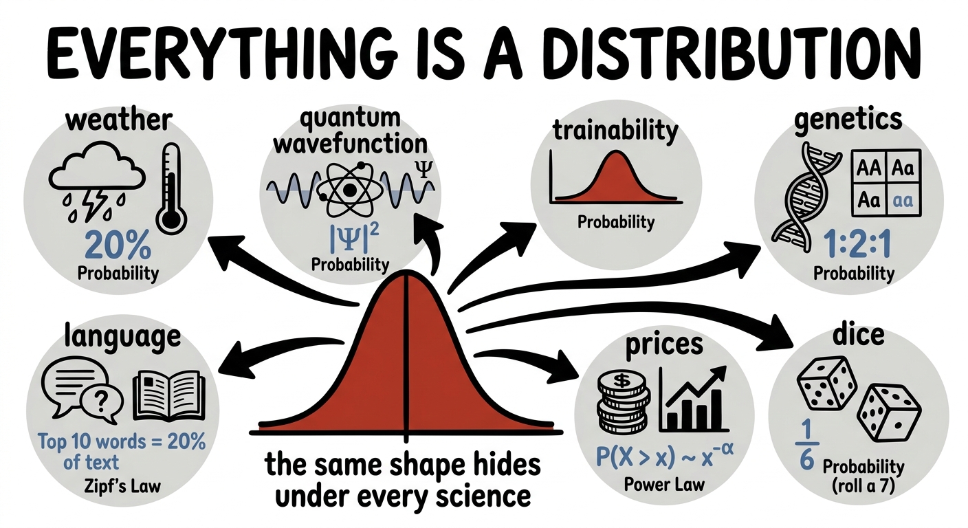 A central bell curve fanning out to weather, quantum physics, genetics, language, and prices