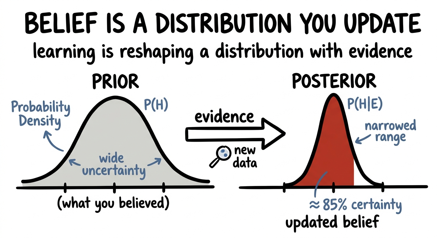 A wide prior distribution updated by evidence into a narrower shifted posterior