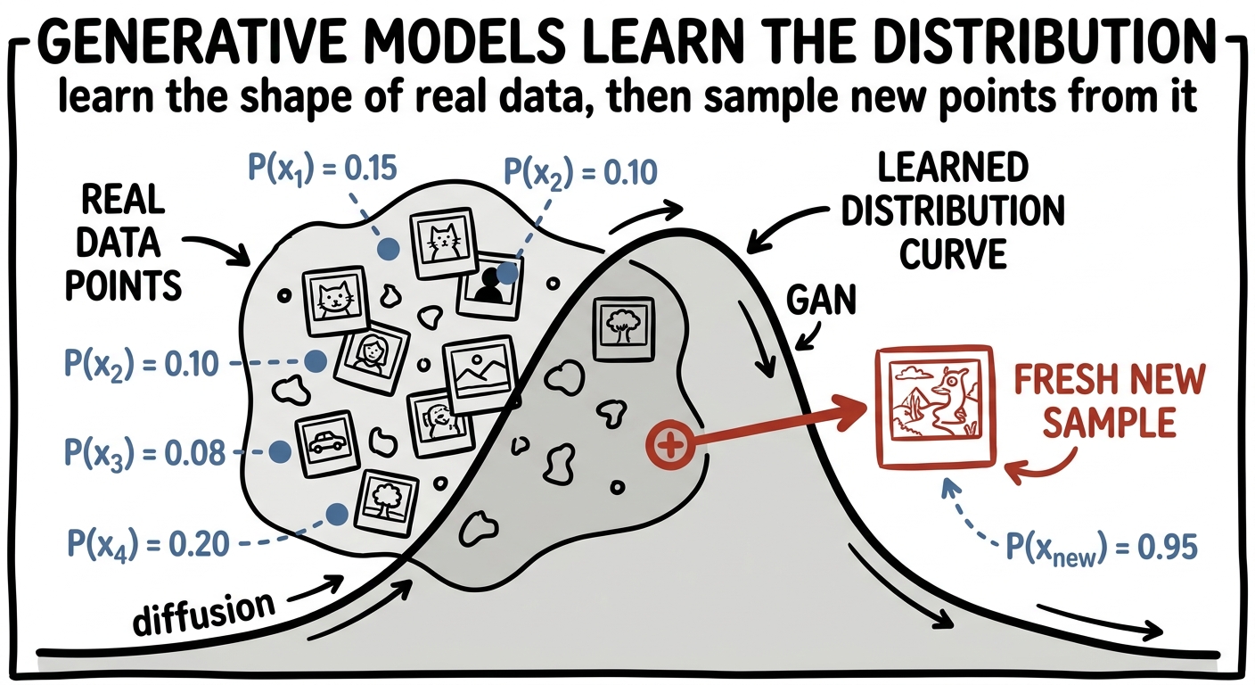 A generative model learning a distribution around real data and drawing a fresh sample