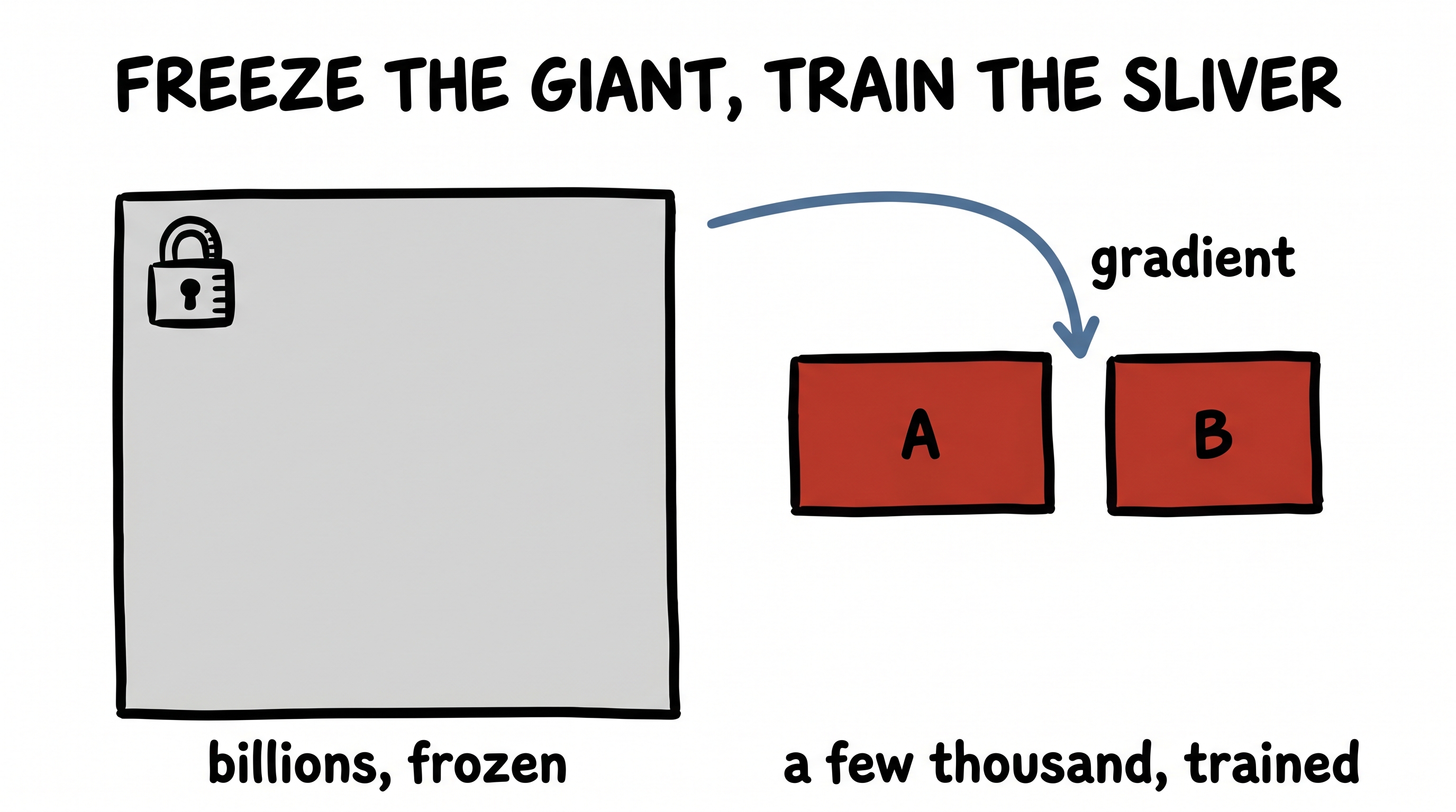 Freeze the giant model, train the tiny low-rank pair
