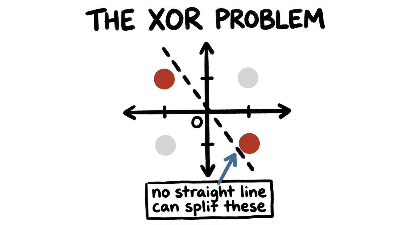 The XOR points cannot be separated by a line in 2D