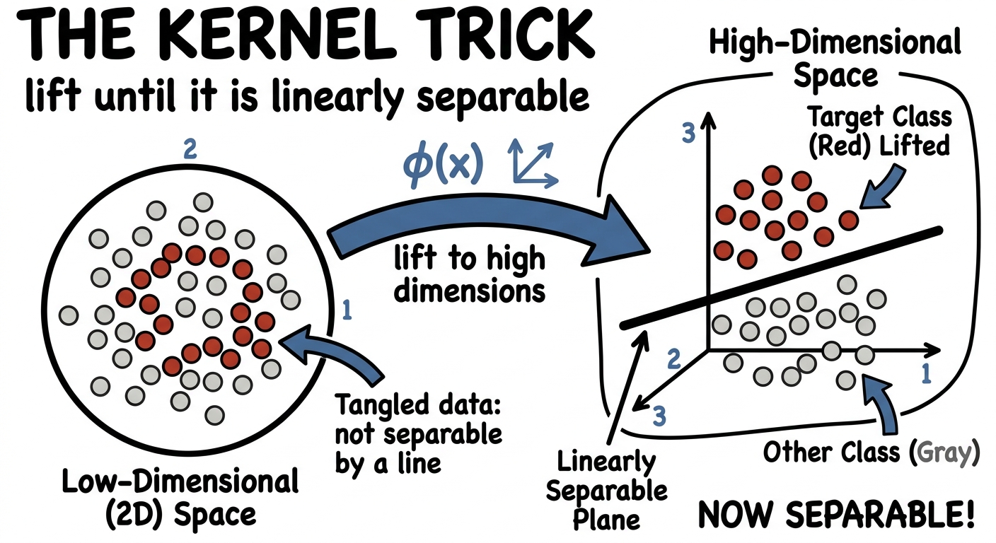 The kernel trick lifts data until it is linearly separable