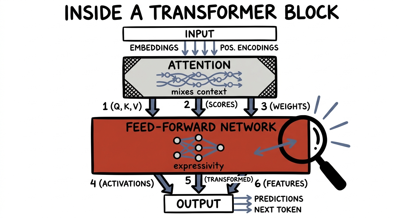 Inside a transformer block: attention and the feed-forward network