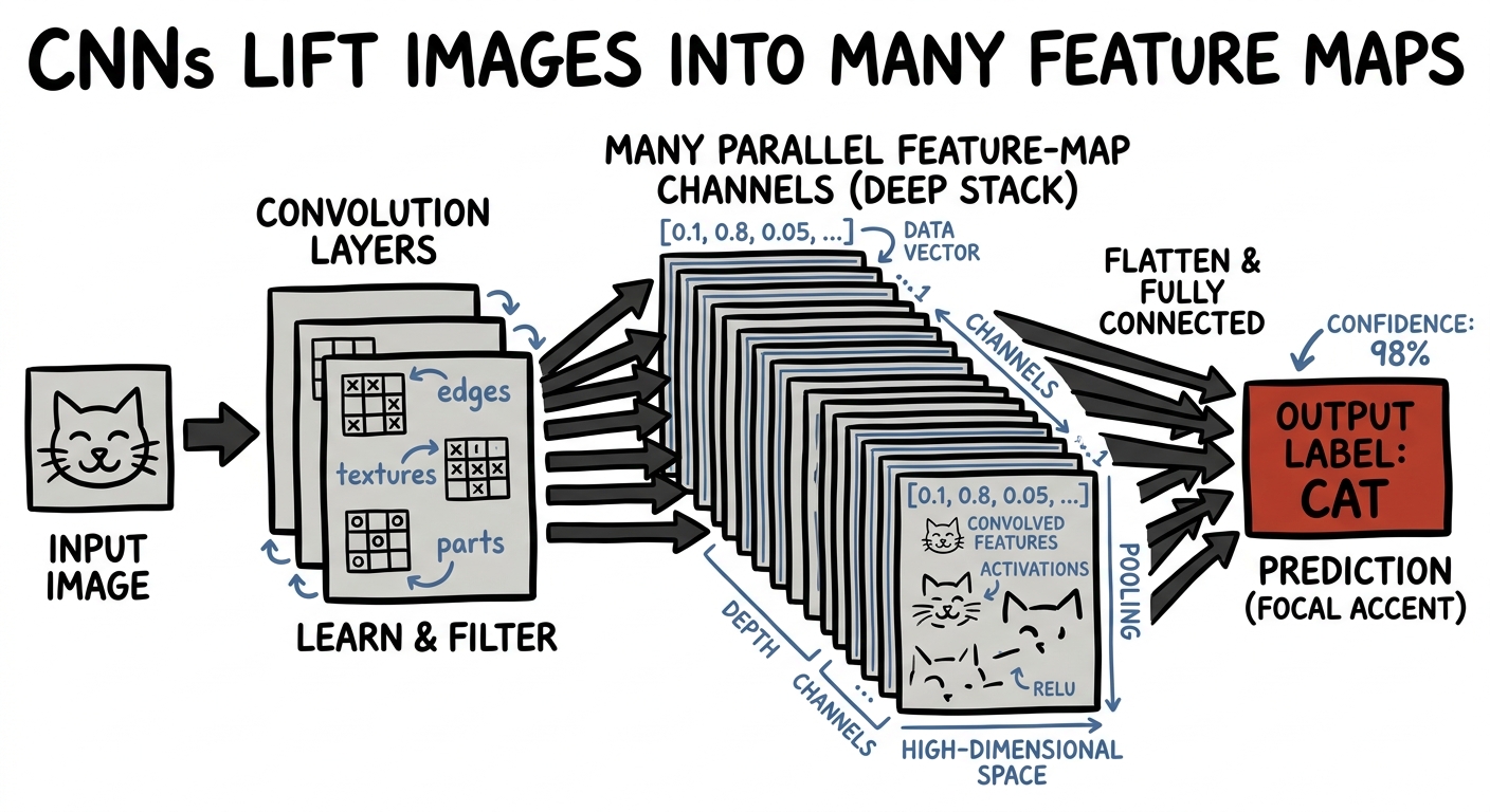 A CNN lifts an image into many feature-map channels