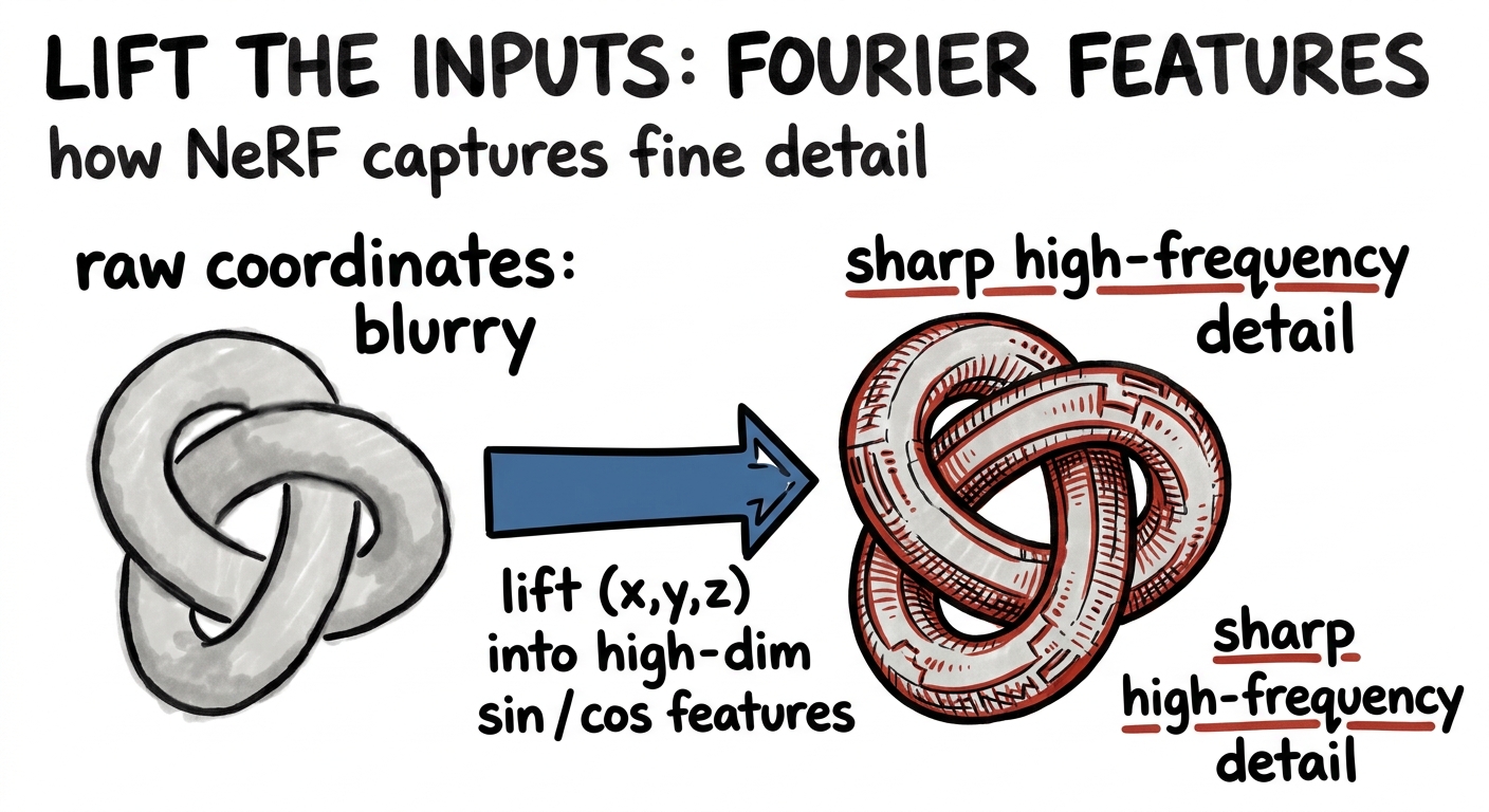 Fourier features let a network capture sharp high-frequency detail