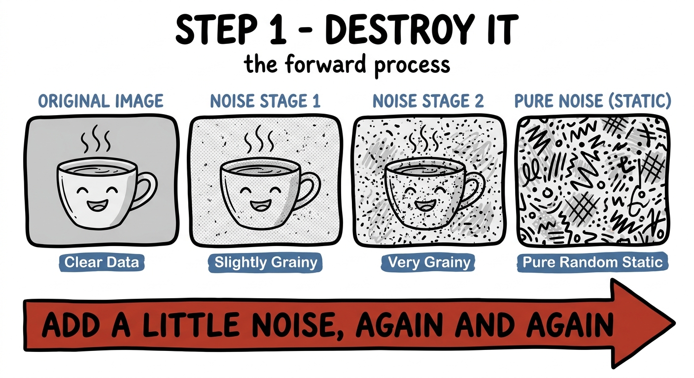The forward process: add noise step by step until pure static