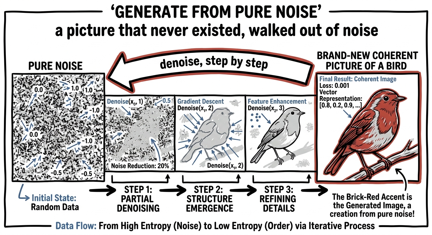 An image emerges from pure noise by denoising