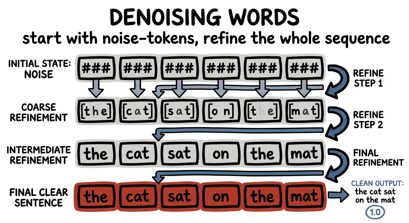 Text diffusion: start with masked tokens and refine the whole sequence