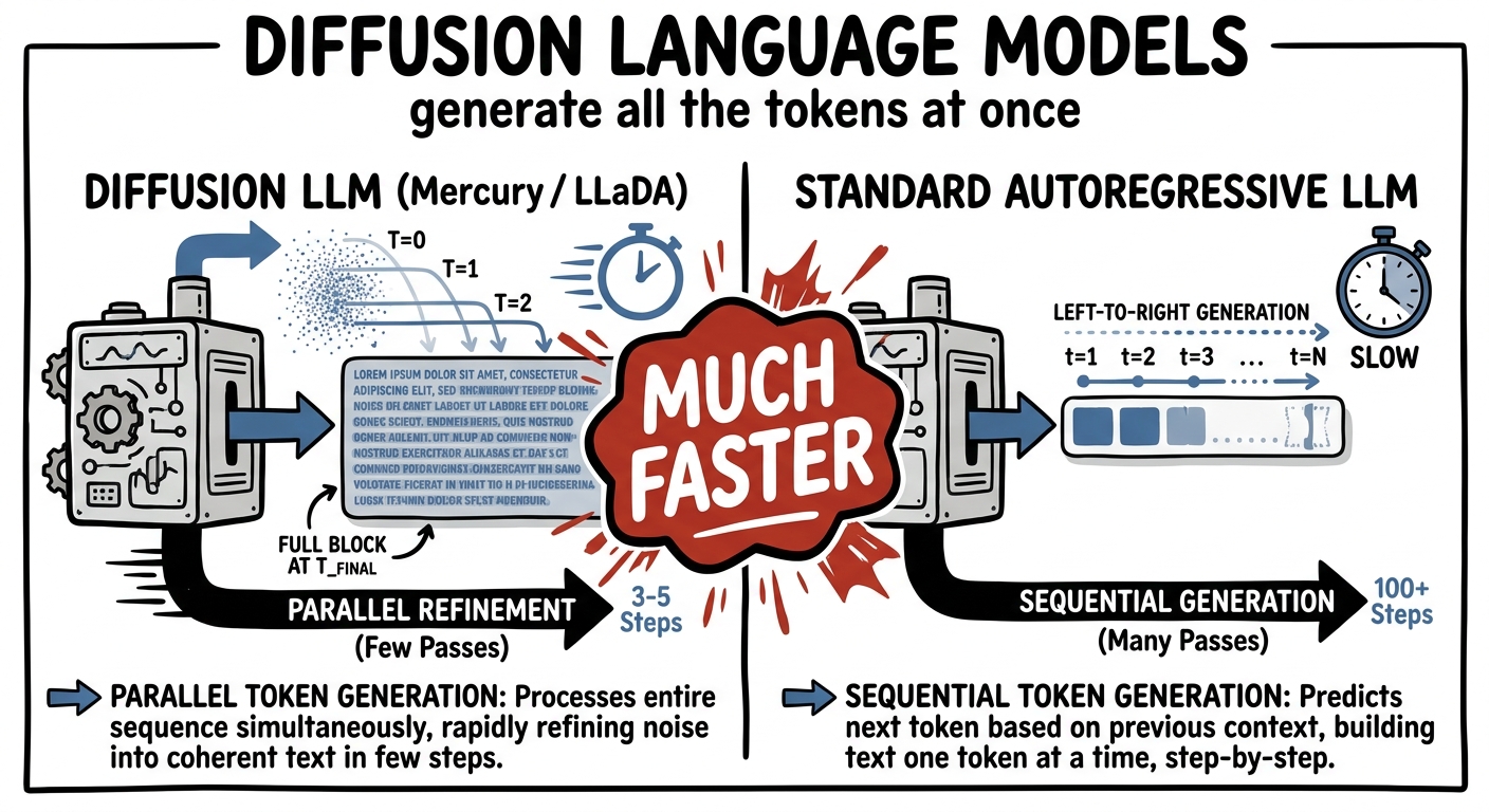 Diffusion language models like Mercury generate all tokens in parallel, much faster