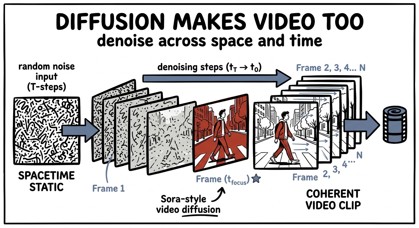 Video diffusion denoises across space and time