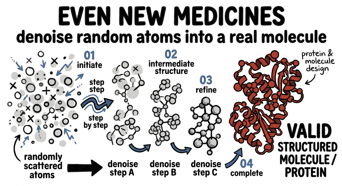 Diffusion denoises random atoms into a real molecule