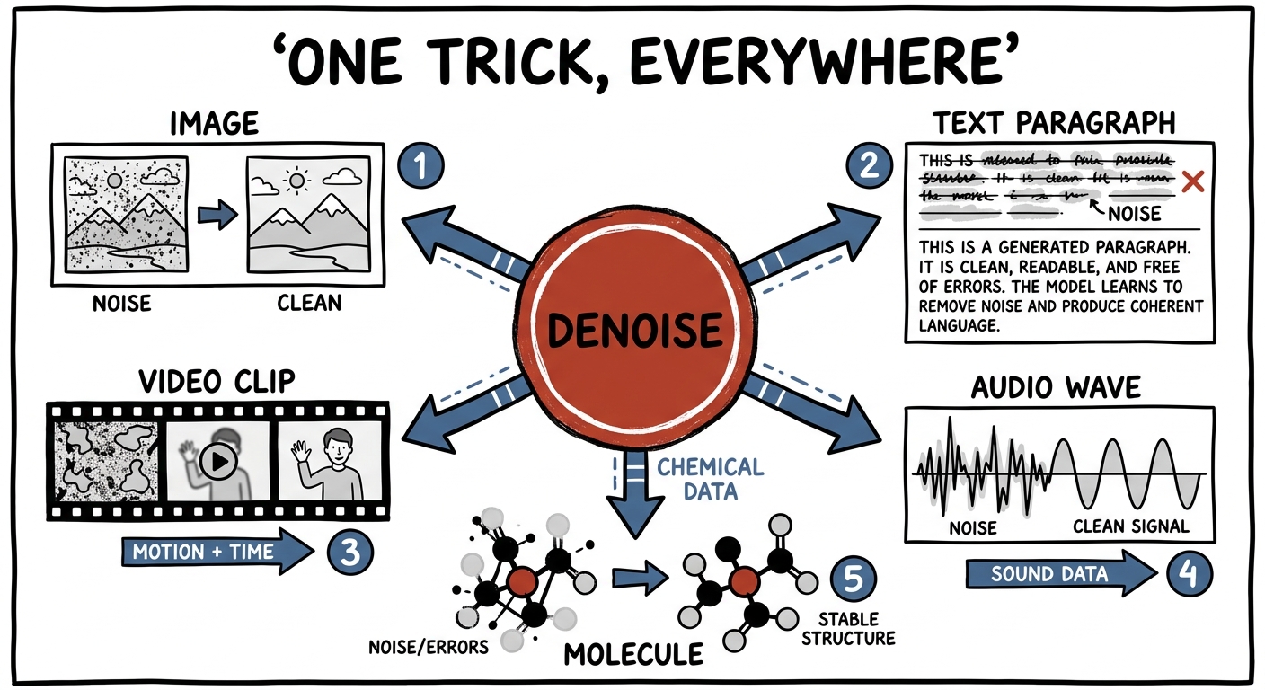 One denoising trick generates images, text, video, audio, and molecules