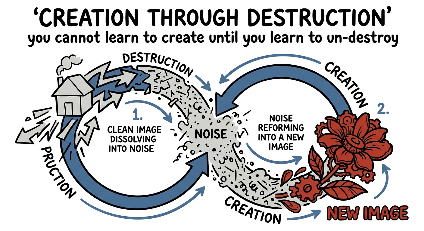 Creation through destruction: a loop from image to noise to new image