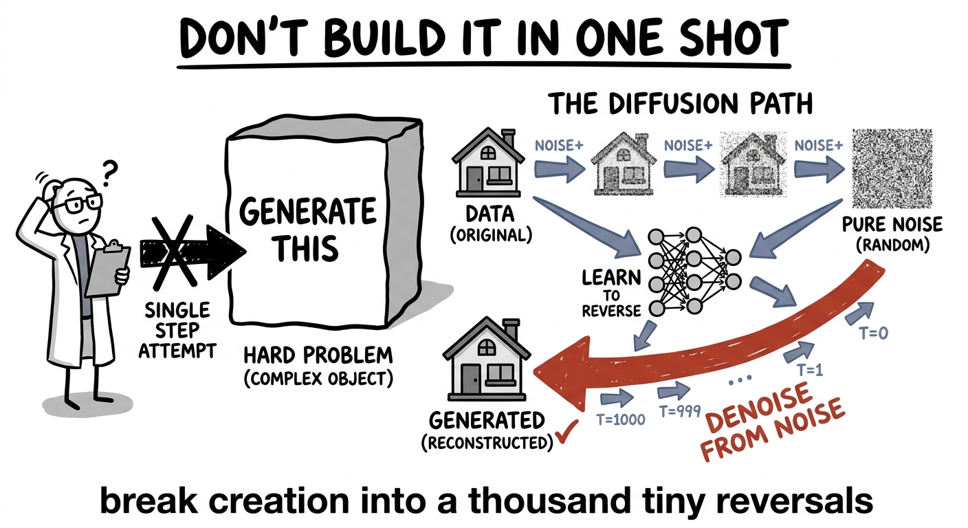 When creation is too hard, corrupt, reverse, and denoise from noise