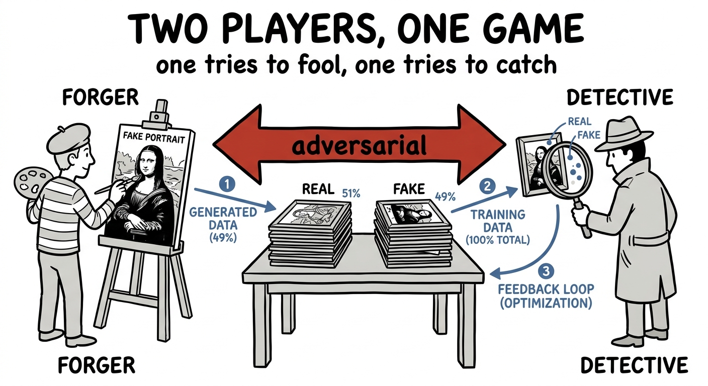 A forger and a detective facing off across a table of real and fake samples