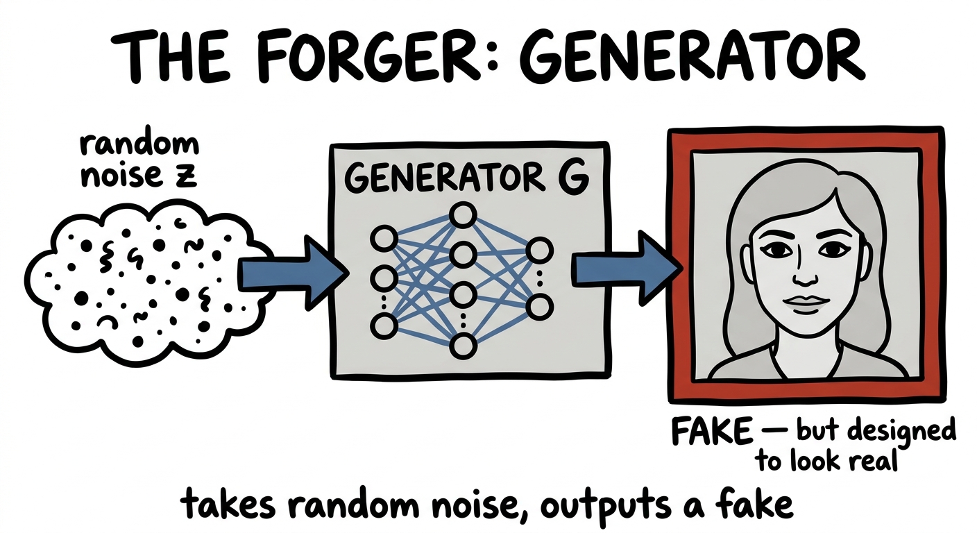 The generator: random noise z feeds a neural network to produce a fake image