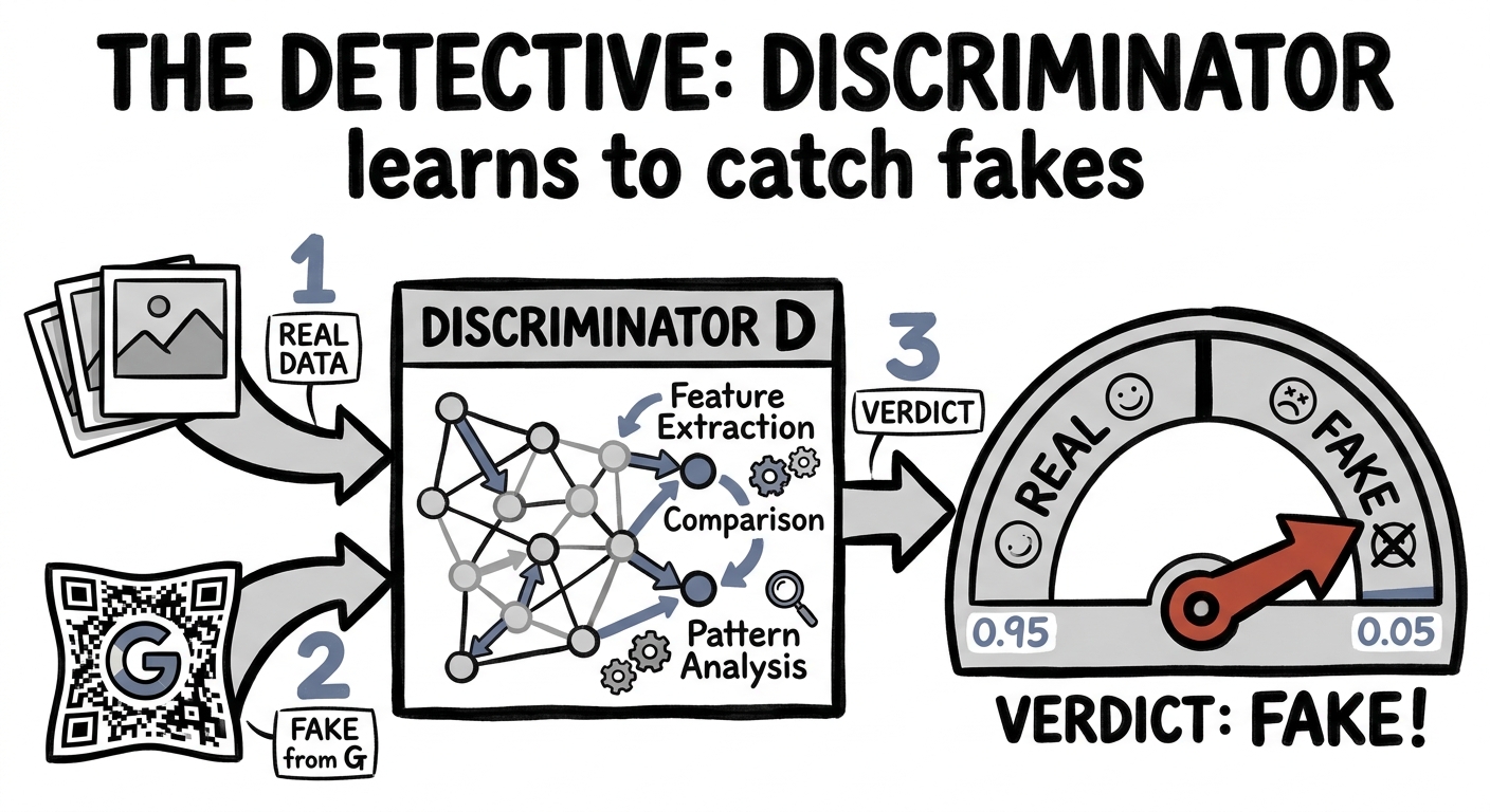 The discriminator takes real or fake images and outputs a real/fake verdict