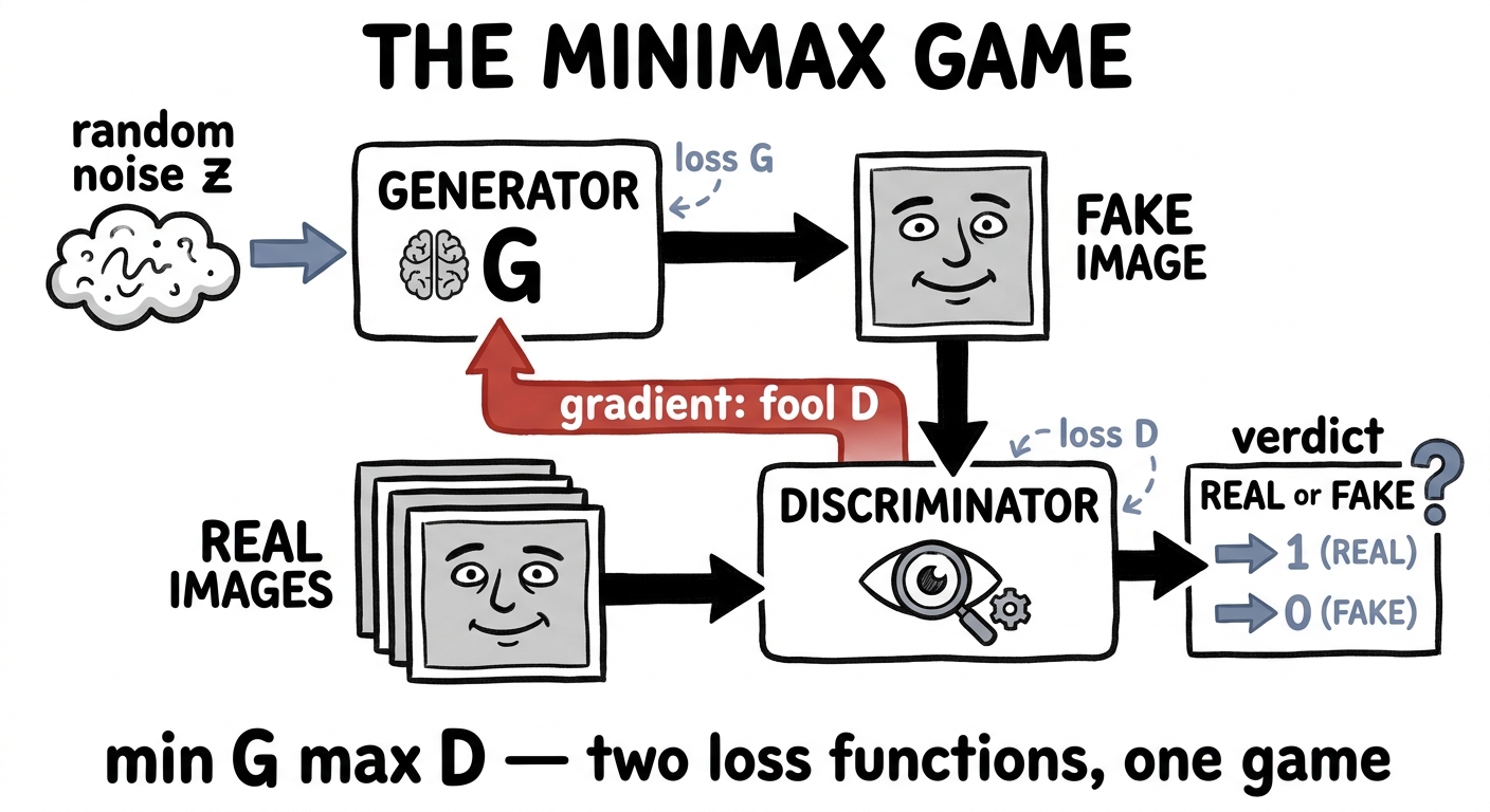 The full GAN diagram: noise to G to fake image, real images, both to D, gradients flowing back