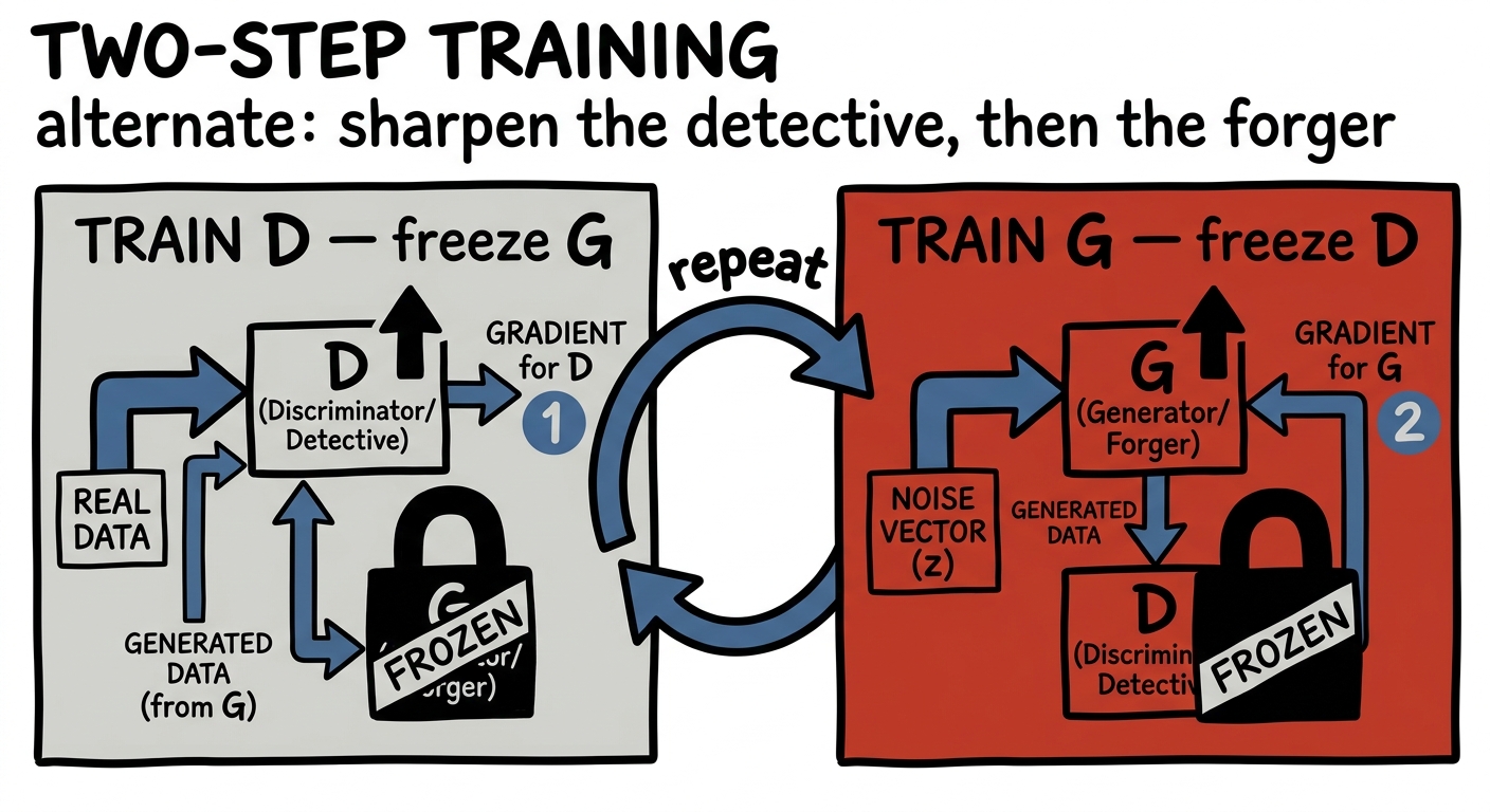 Two-step training: freeze G and train D, then freeze D and train G, alternating