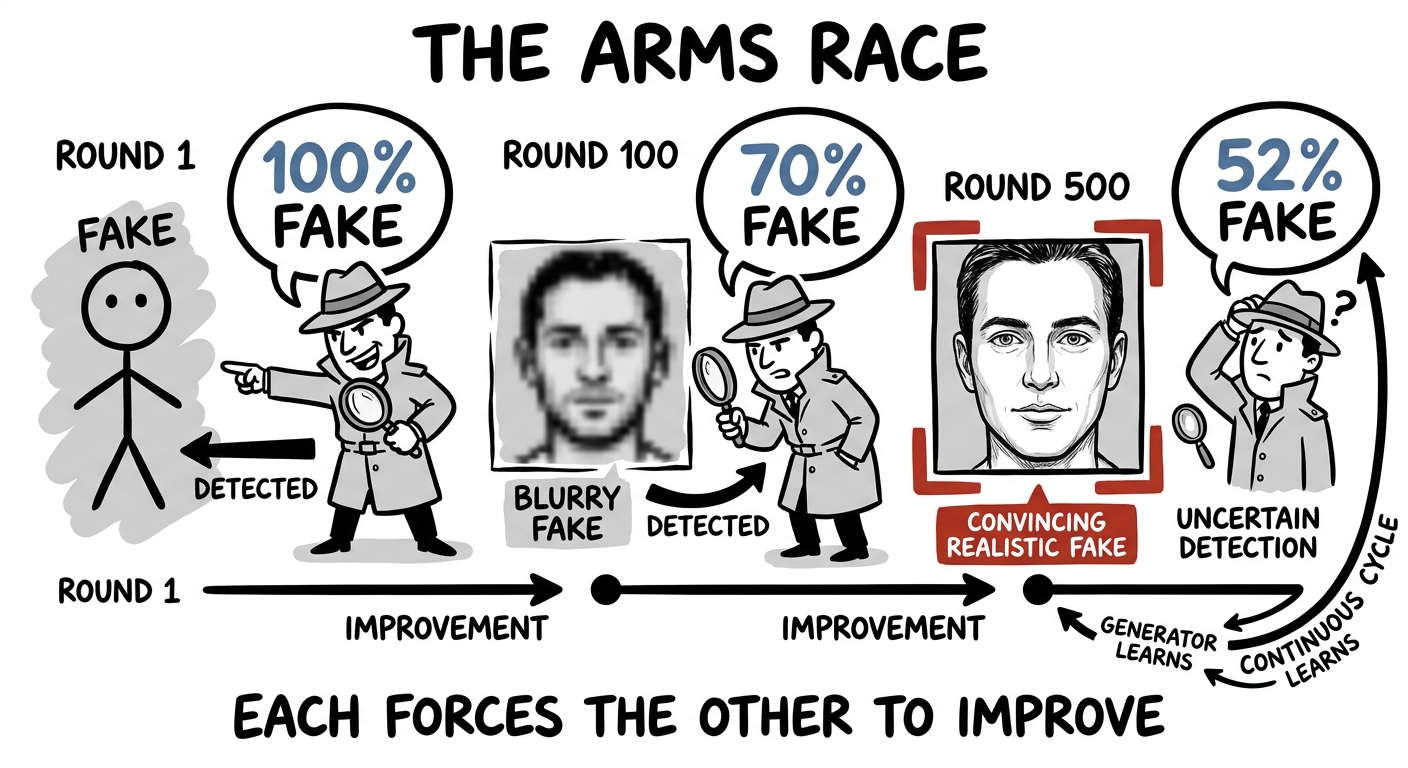 The arms race: terrible fakes at round 1, convincing fakes by round 500