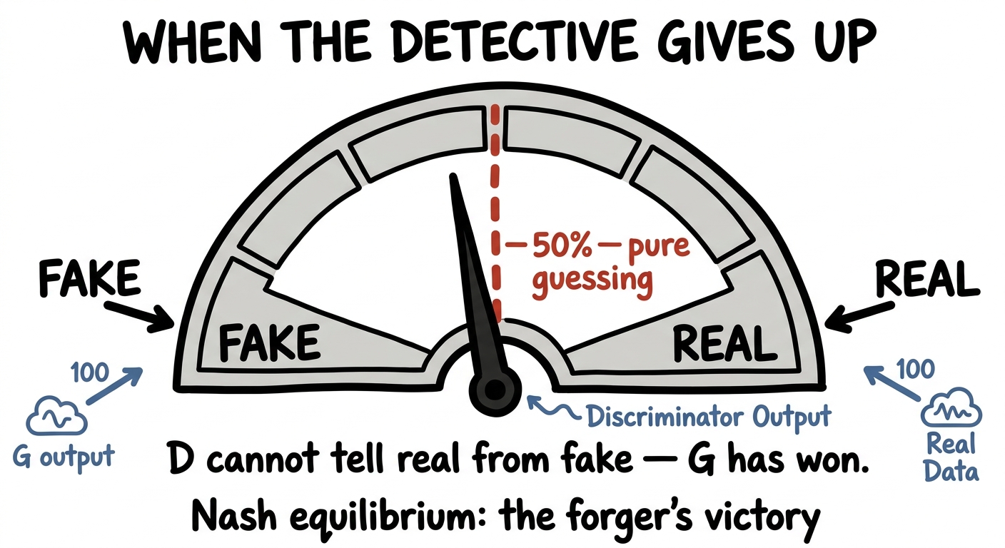 Nash equilibrium: the discriminator's confidence meter stuck at exactly 50 percent