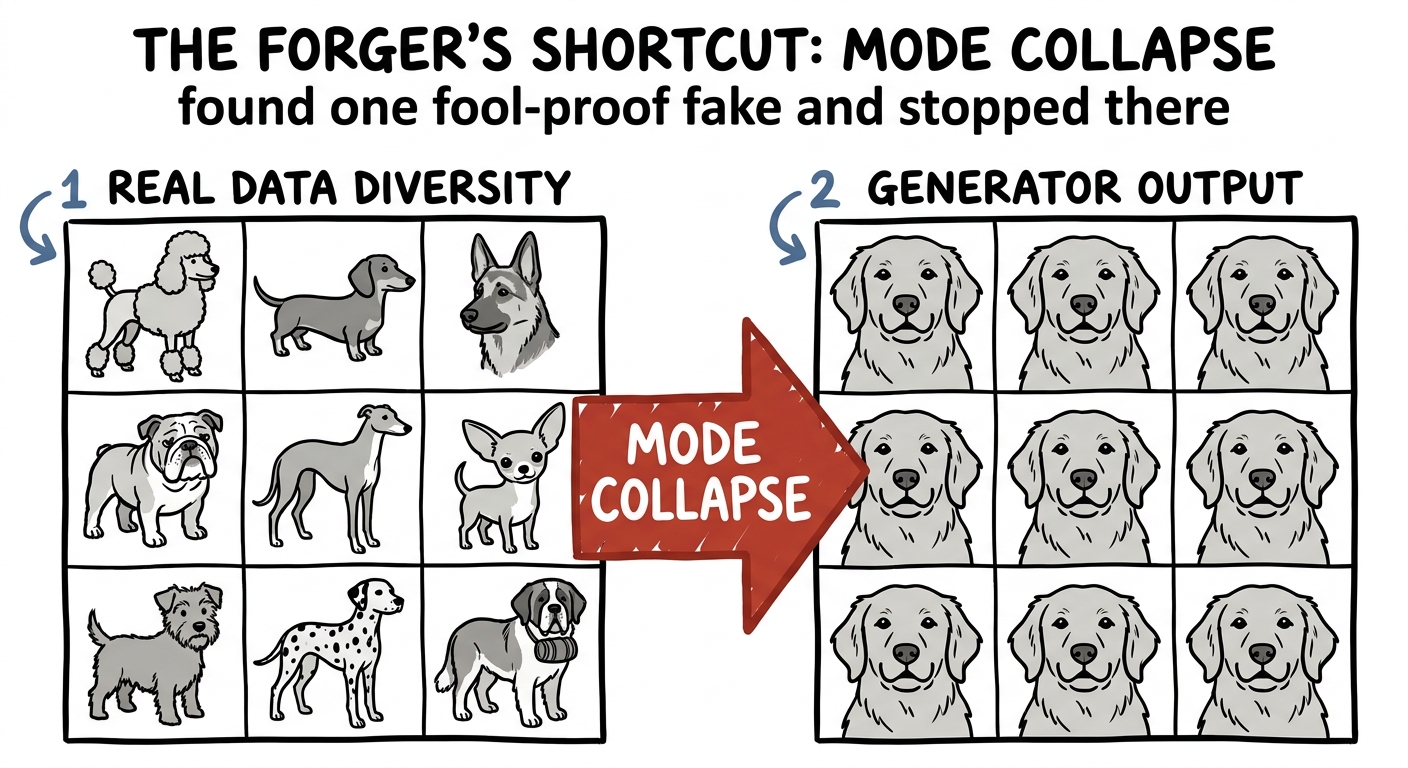 Mode collapse: generator produces only one repeated output instead of diverse samples