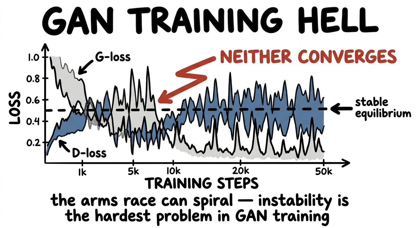 GAN training loss curves oscillating chaotically, neither converging