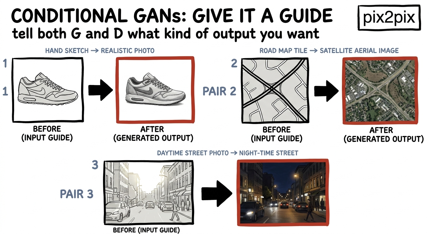 Conditional GAN: sketch to photo, map to satellite, day to night