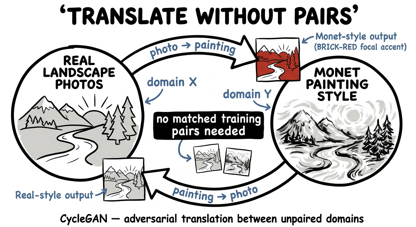 CycleGAN translating photos to Monet paintings without matched training pairs