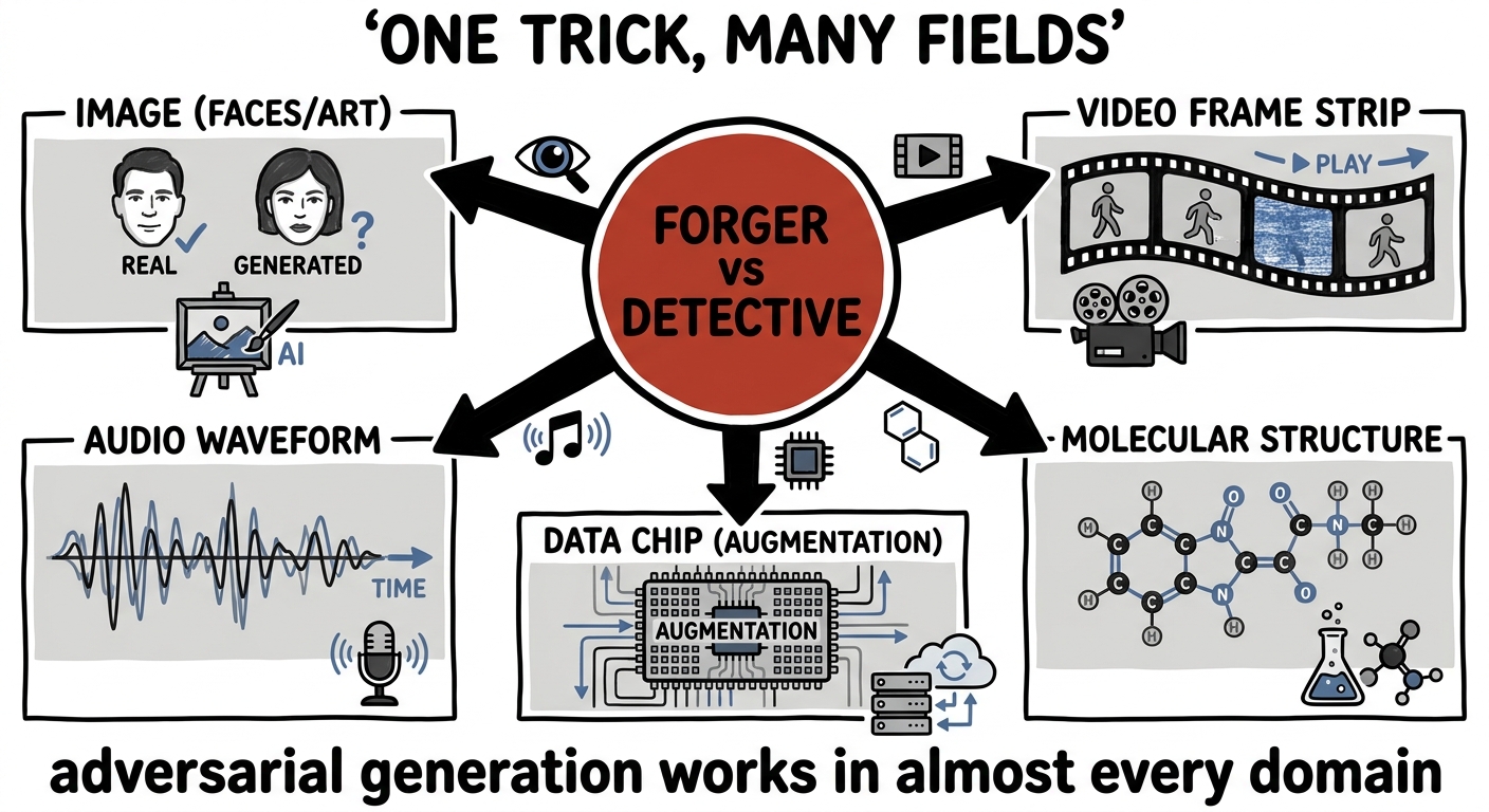 One adversarial trick generates images, video, audio, molecules, and augmented data