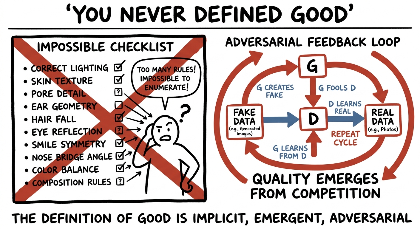 You never defined good — the adversarial competition defines quality automatically