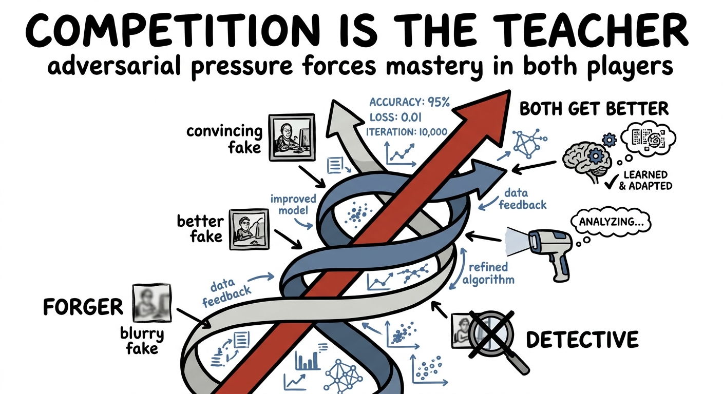 Two spiraling arrows — forger and detective — pulling each other upward through competition