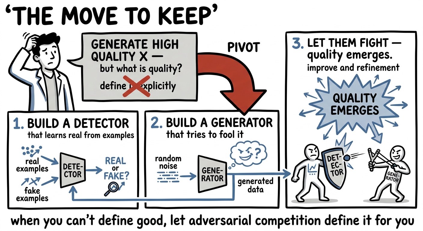 The mental model: build a forger and a detective, let them fight, quality emerges
