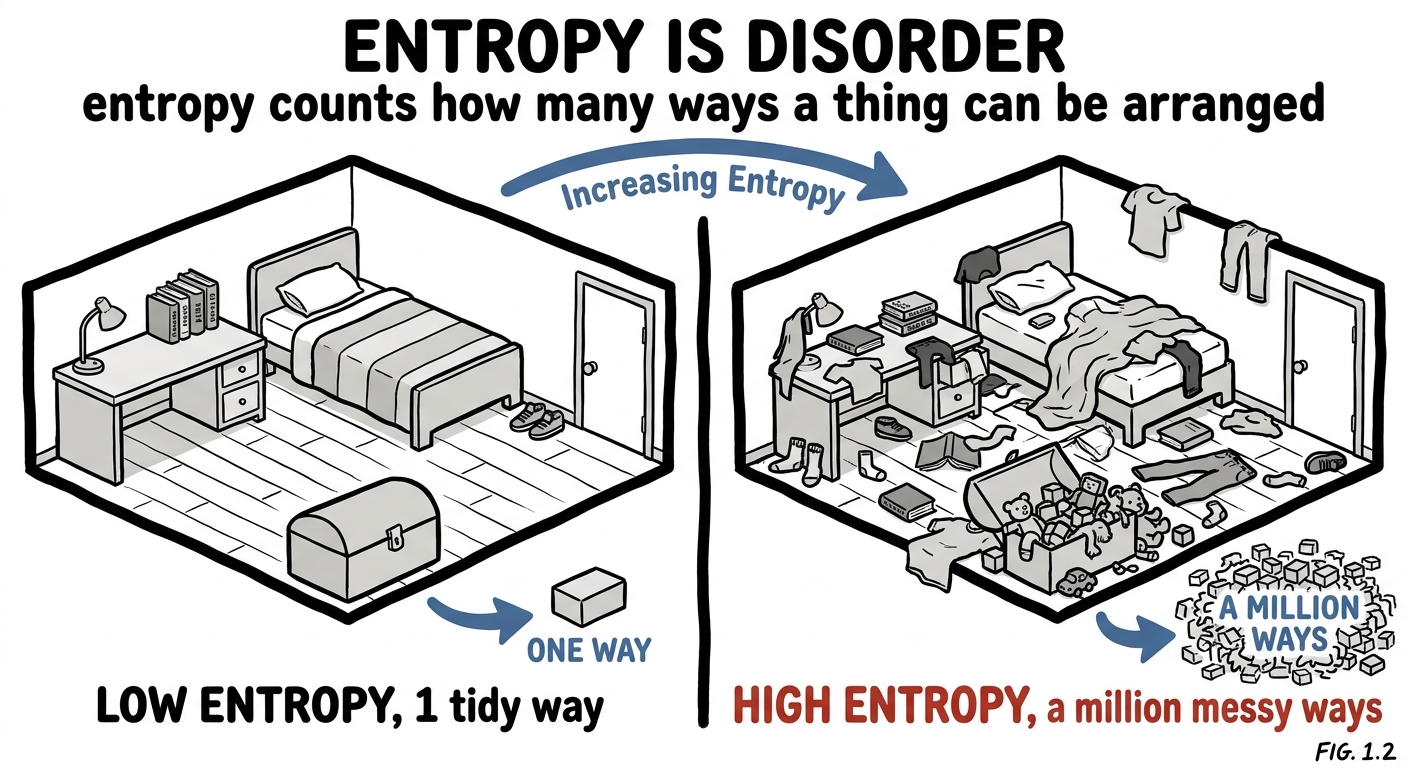 A tidy room with one arrangement versus a messy room with a million arrangements