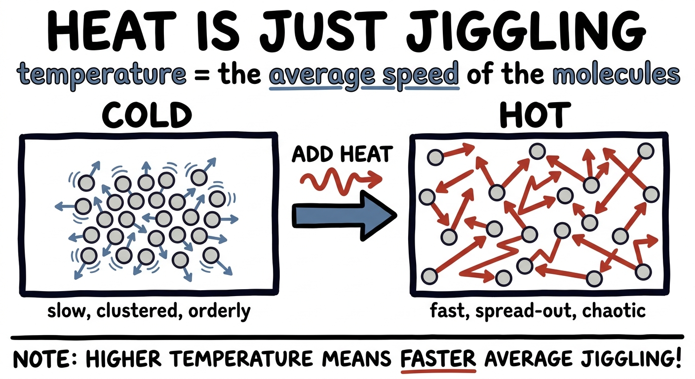 A cold box with slow clustered molecules beside a hot box with fast chaotic molecules