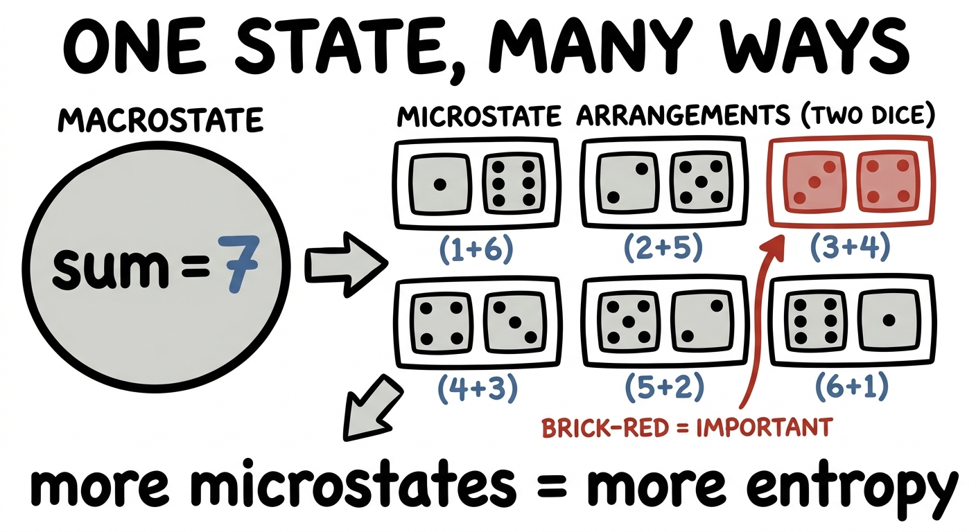One macrostate sum of seven arising from many microstate dice combinations