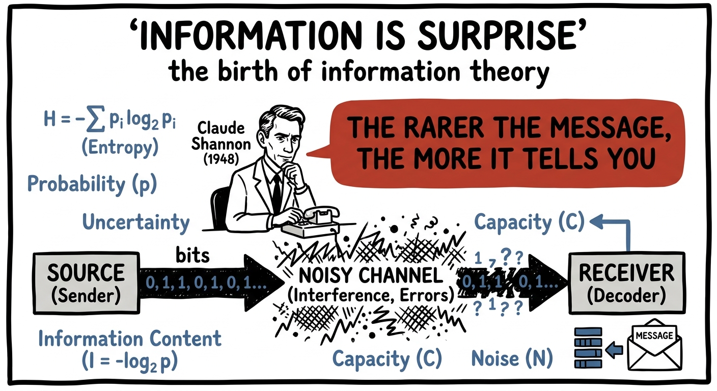 Claude Shannon sending a message through a noisy channel, information as surprise
