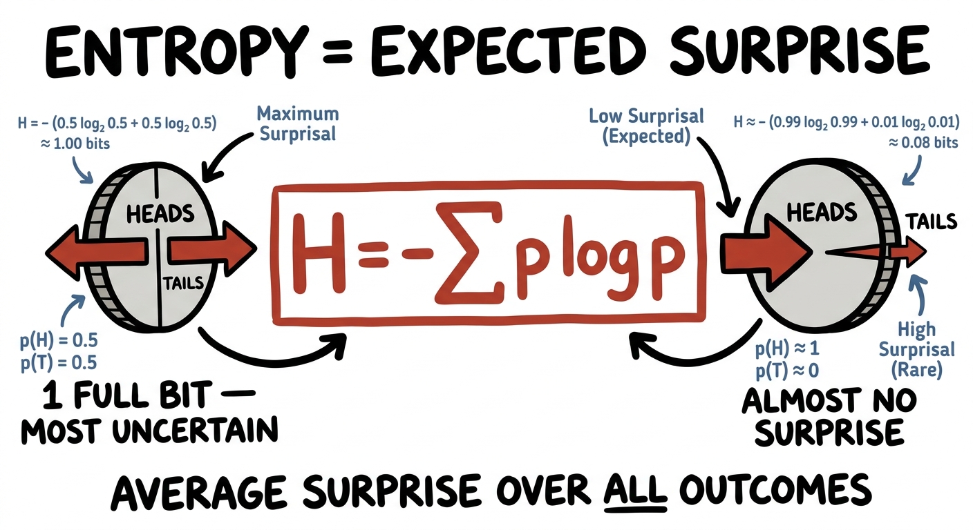The entropy formula H equals minus sum p log p beside a fair coin and a biased coin