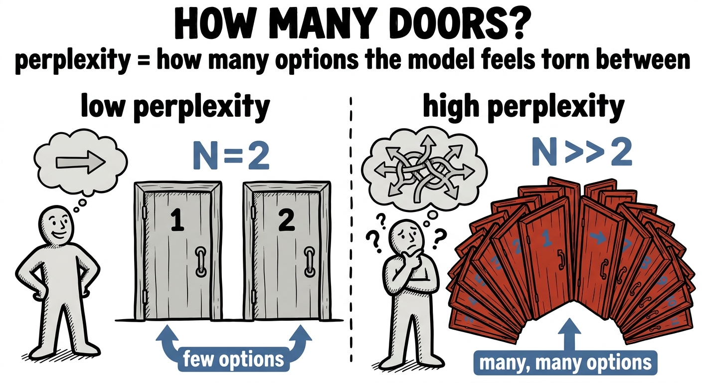 Perplexity as a figure facing few doors when confident and many doors when uncertain