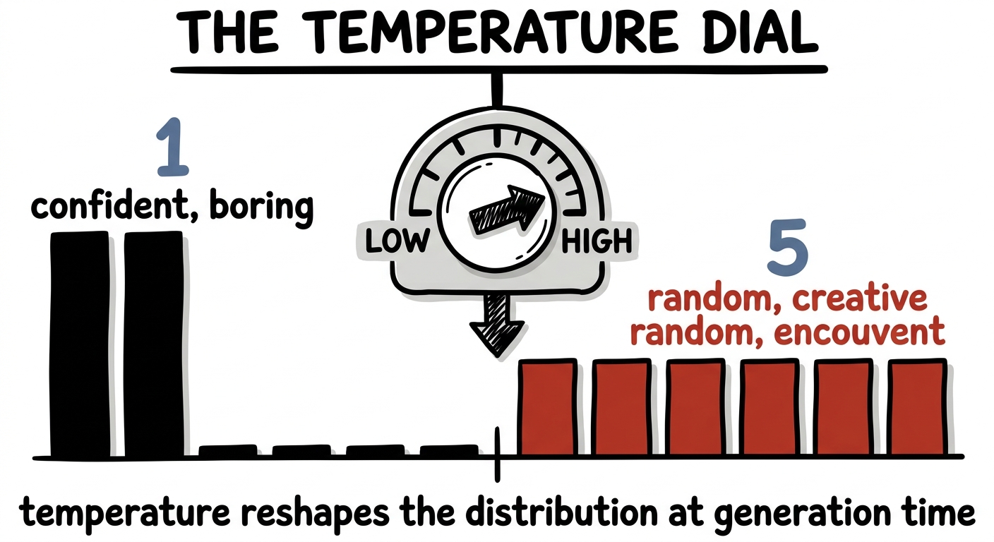 A temperature dial reshaping a bar chart of word probabilities from peaked to flat