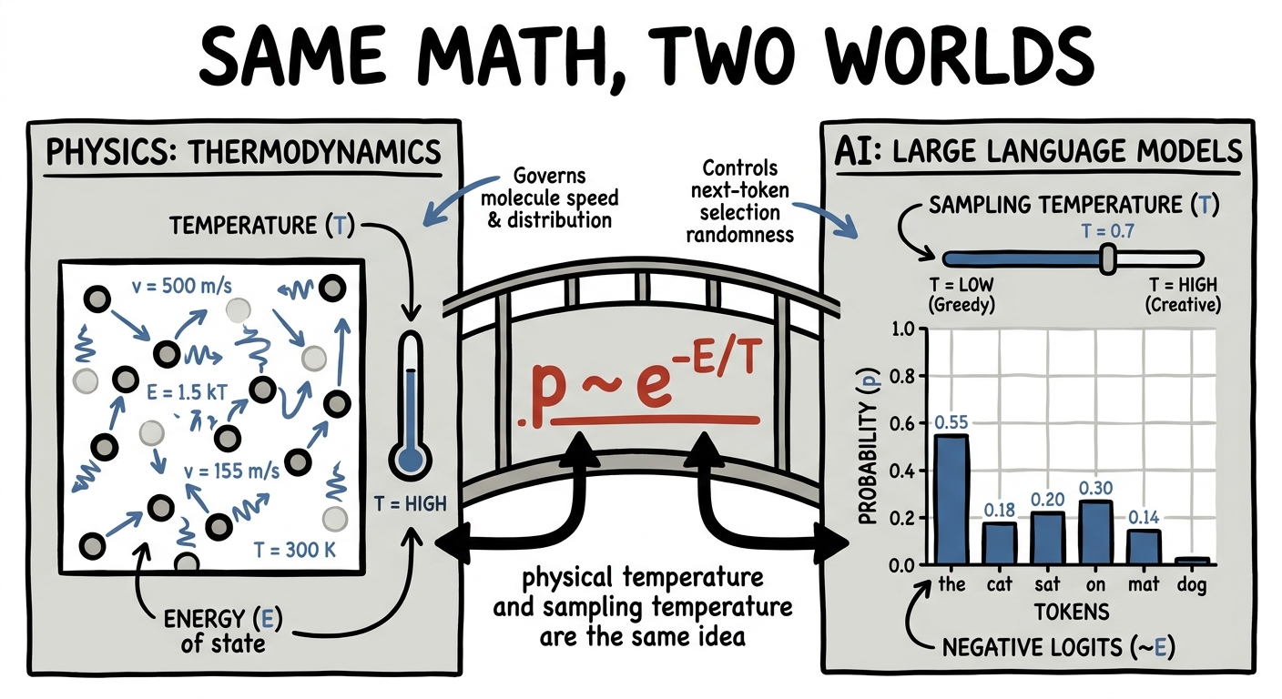 A bridge connecting a box of hot gas to a chart of token probabilities via the Boltzmann formula